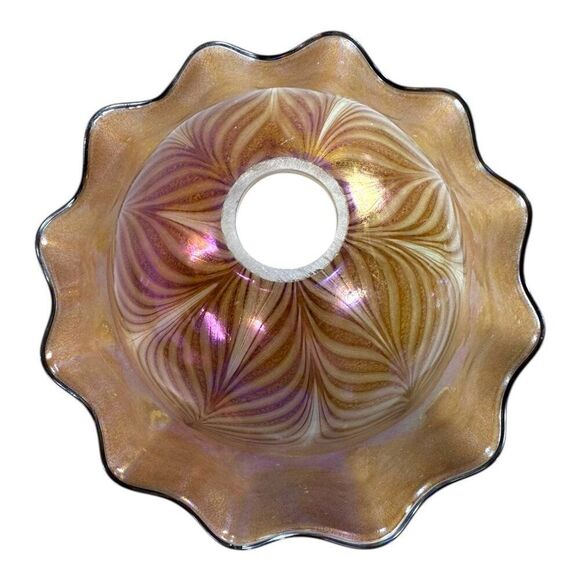 Vintage Large 15" Iridescent Pulled Feather Art Glass Lamp Shade Ruffled Edges - Picture 10 of 11